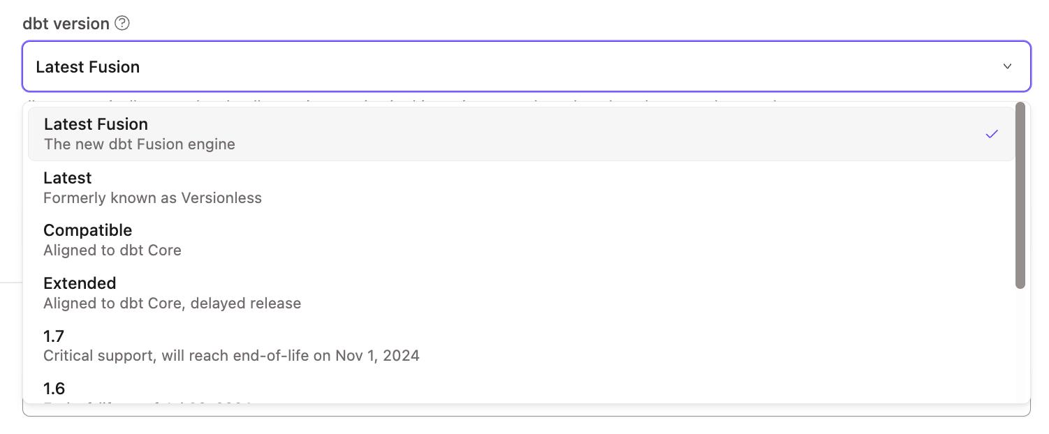 Select Latest Fusion from the dbt version dropdown Select Latest Fusion from the dbt version dropdown